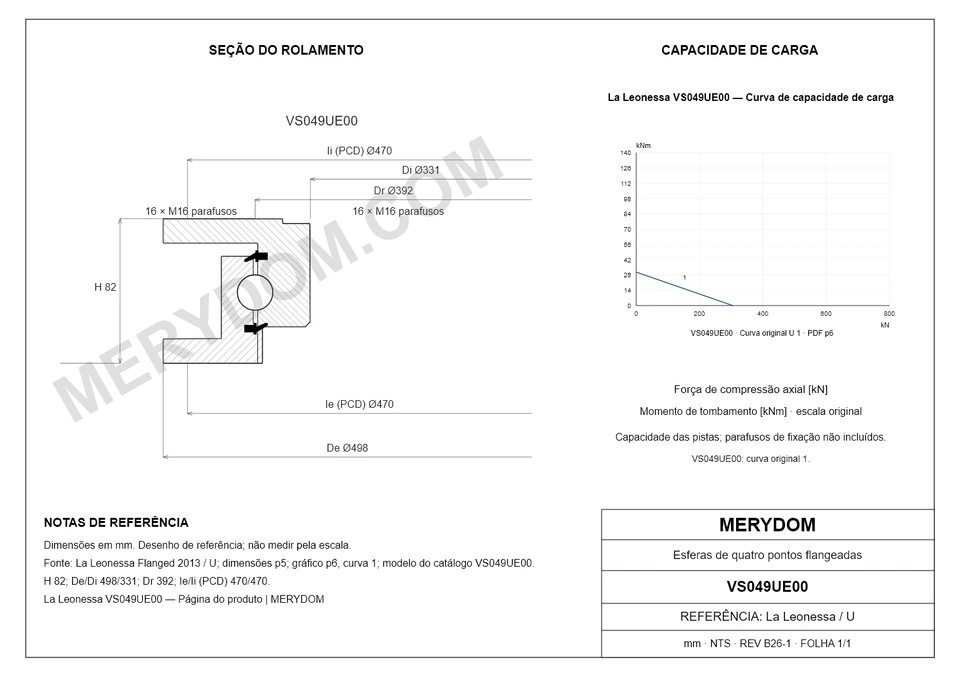 Desenho CAD do rolamento de giro de substituição MERYDOM para La Leonessa VS049UE00, com dimensões e furos de montagem.