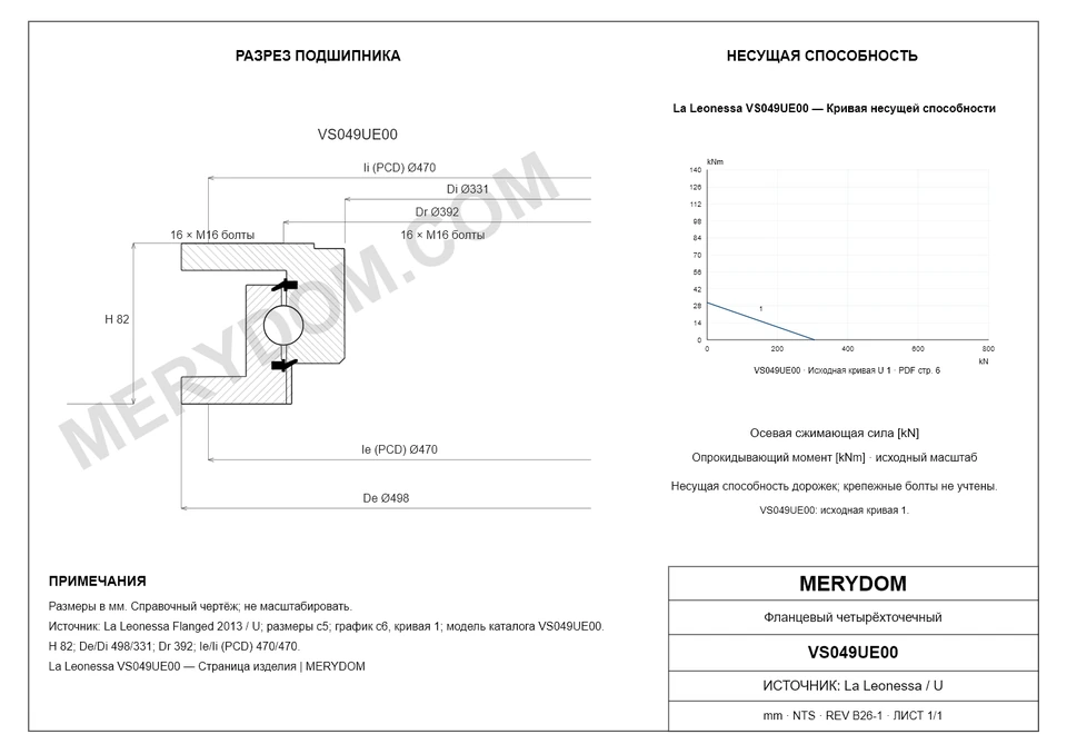 CAD-чертёж опорно-поворотного устройства MERYDOM для замены La Leonessa VS049UE00 с размерами и монтажными отверстиями.
