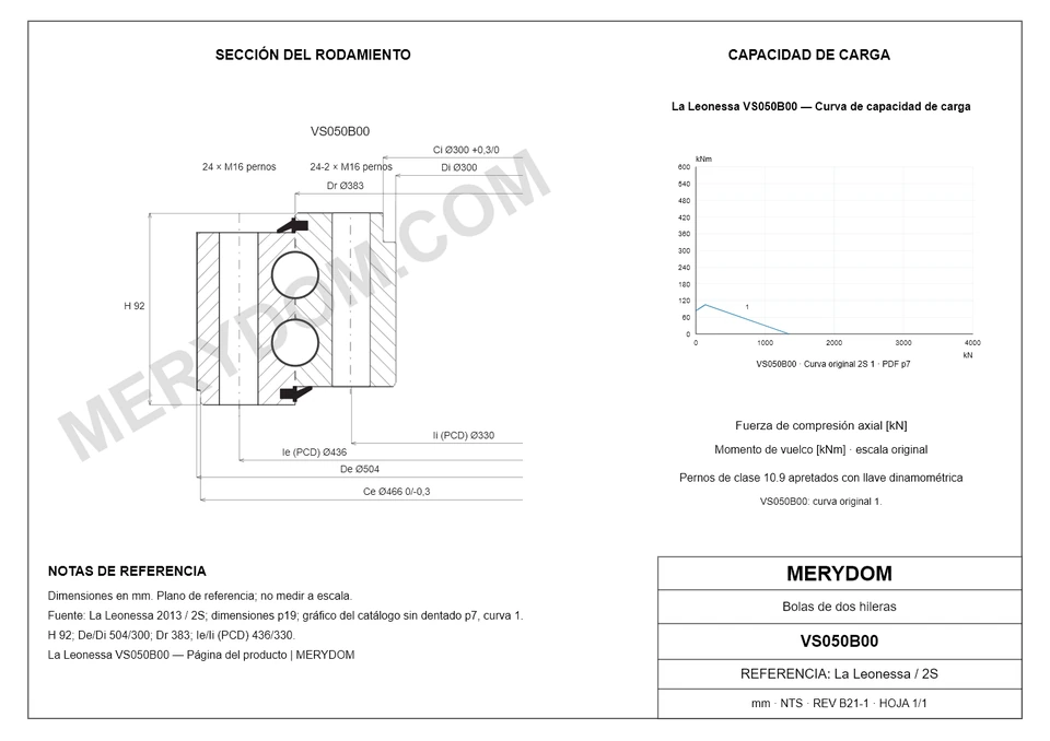 Plano CAD de la corona de giro de sustitución MERYDOM para La Leonessa VS050B00, con dimensiones y orificios de montaje.