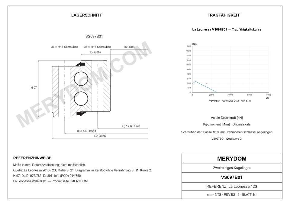 CAD-Zeichnung des MERYDOM-Ersatzdrehkranzes für La Leonessa VS097B01 mit Abmessungen und Befestigungsbohrungen.