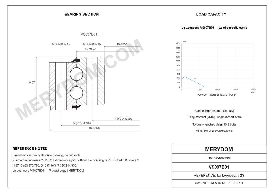 CAD drawing of the MERYDOM replacement slewing bearing for La Leonessa VS097B01, showing dimensions and mounting holes.