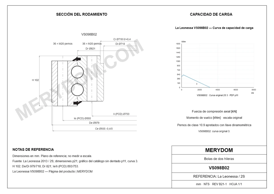 Plano CAD de la corona de giro de sustitución MERYDOM para La Leonessa VS098B02, con dimensiones y orificios de montaje.