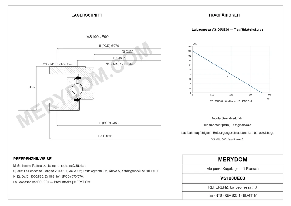 CAD-Zeichnung des MERYDOM-Ersatzdrehkranzes für La Leonessa VS100UE00 mit Abmessungen und Befestigungsbohrungen.