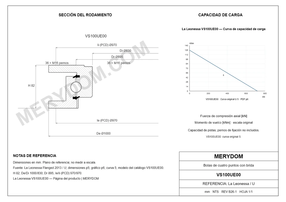 Plano CAD de la corona de giro de sustitución MERYDOM para La Leonessa VS100UE00, con dimensiones y orificios de montaje.