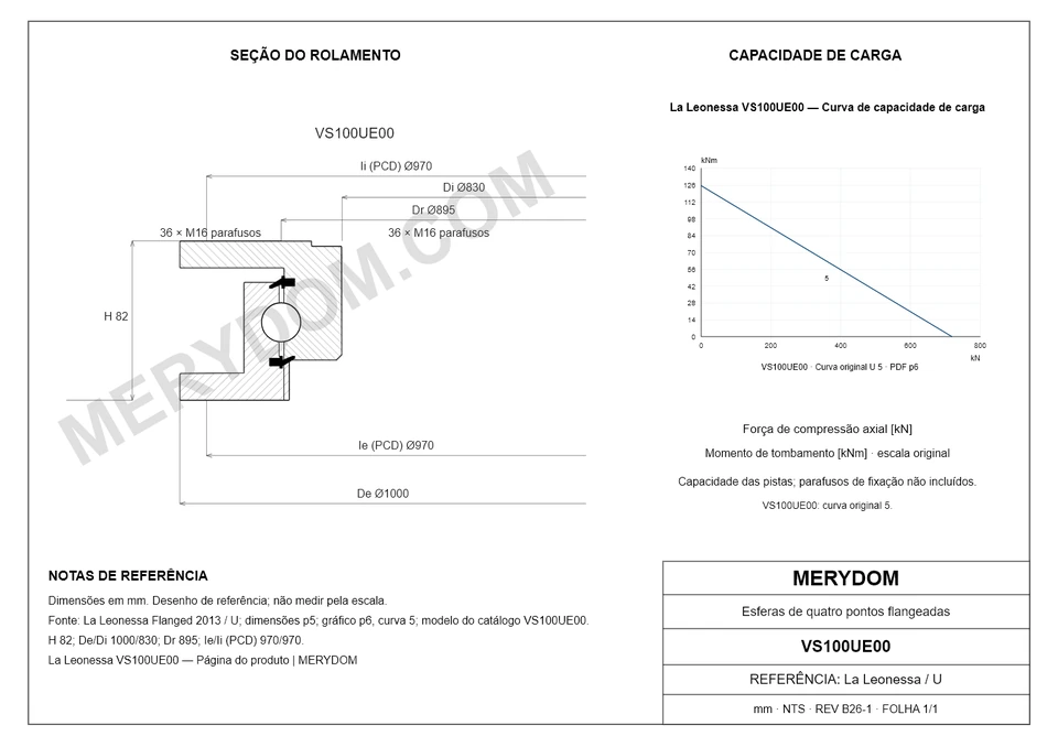 Desenho CAD do rolamento de giro de substituição MERYDOM para La Leonessa VS100UE00, com dimensões e furos de montagem.