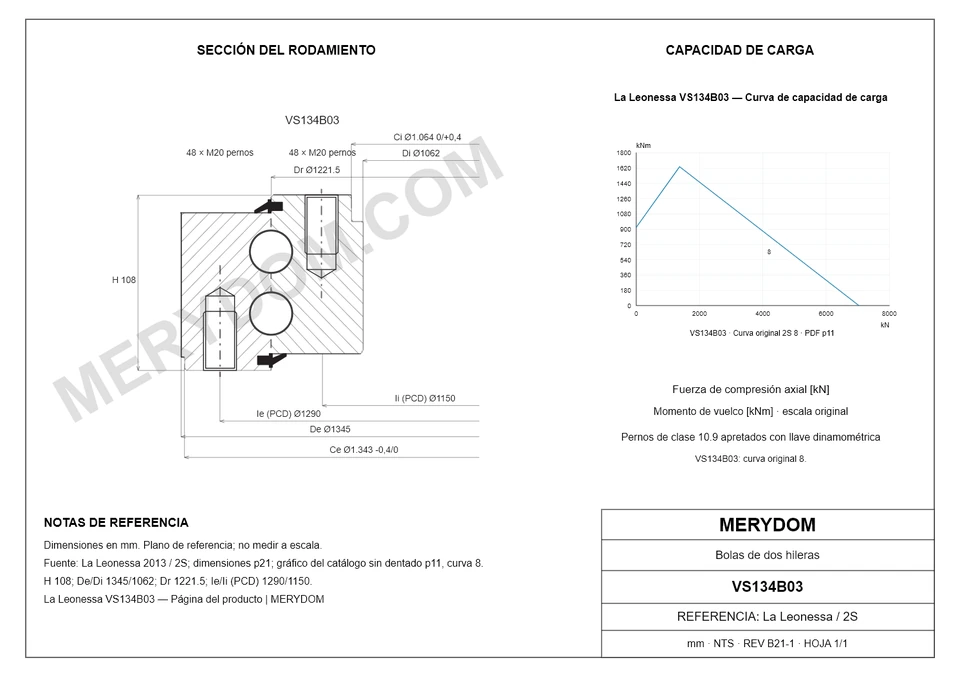 Plano CAD de la corona de giro de sustitución MERYDOM para La Leonessa VS134B03, con dimensiones y orificios de montaje.