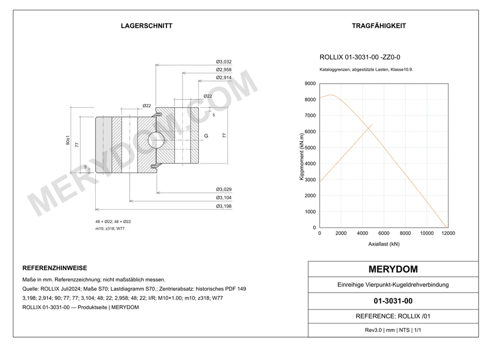 CAD-Zeichnung des MERYDOM-Ersatzdrehkranzes für ROLLIX 01-3031-00 mit Abmessungen und Befestigungsbohrungen.