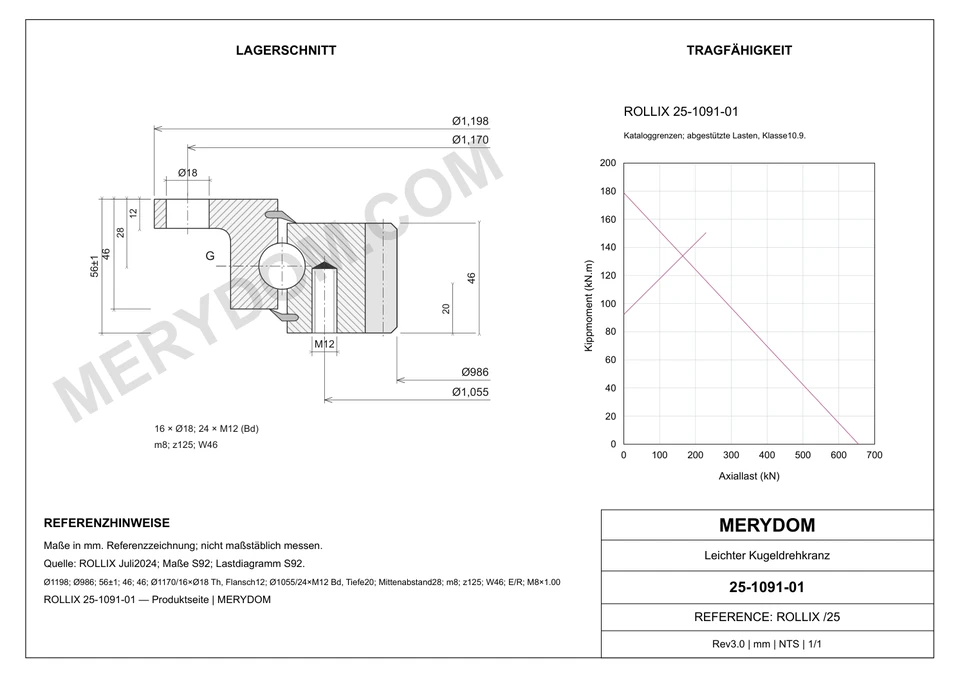 CAD-Zeichnung des MERYDOM-Ersatzdrehkranzes für ROLLIX 25-1091-01 mit Abmessungen und Befestigungsbohrungen.