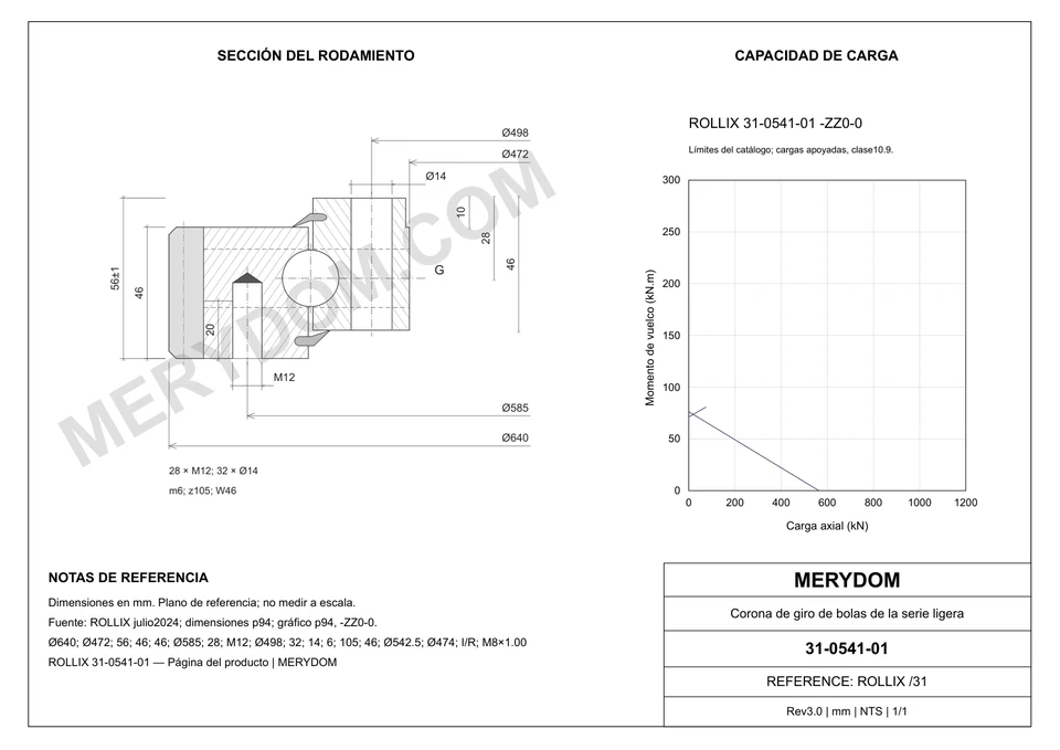 Plano CAD de la corona de giro de sustitución MERYDOM para ROLLIX 31-0541-01, con dimensiones y orificios de montaje.