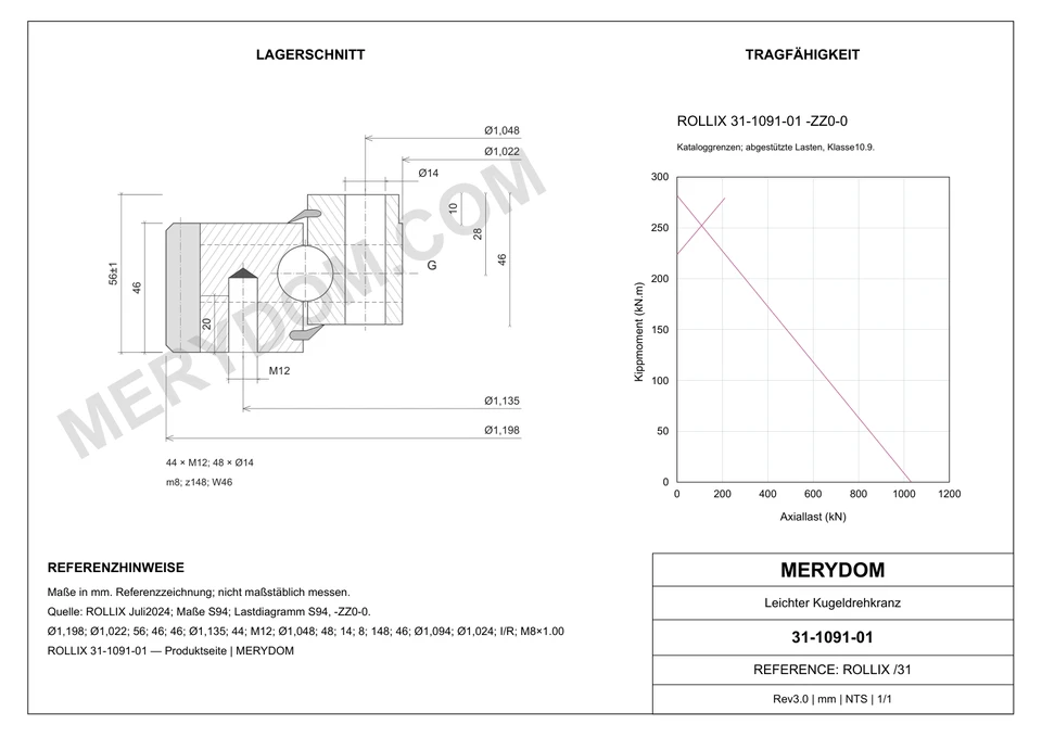 CAD-Zeichnung des MERYDOM-Ersatzdrehkranzes für ROLLIX 31-1091-01 mit Abmessungen und Befestigungsbohrungen.