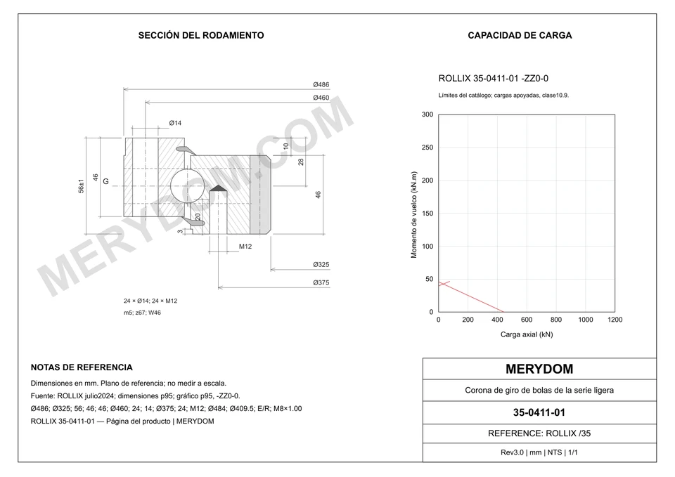 Plano CAD de la corona de giro de sustitución MERYDOM para ROLLIX 35-0411-01, con dimensiones y orificios de montaje.