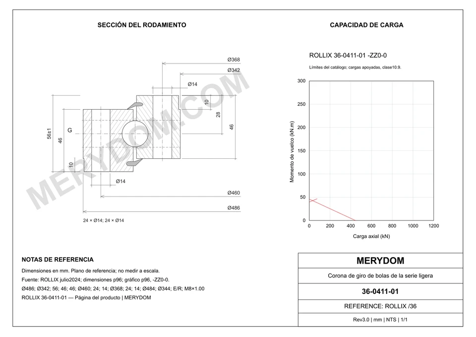 Plano CAD de la corona de giro de sustitución MERYDOM para ROLLIX 36-0411-01, con dimensiones y orificios de montaje.