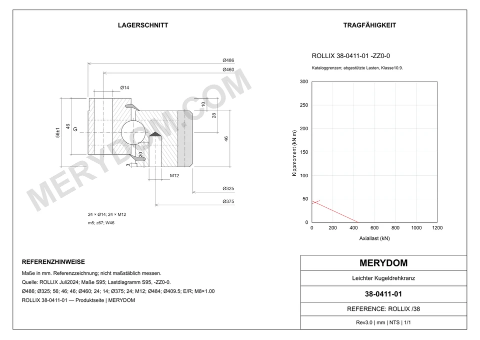 CAD-Zeichnung des MERYDOM-Ersatzdrehkranzes für ROLLIX 38-0411-01 mit Abmessungen und Befestigungsbohrungen.