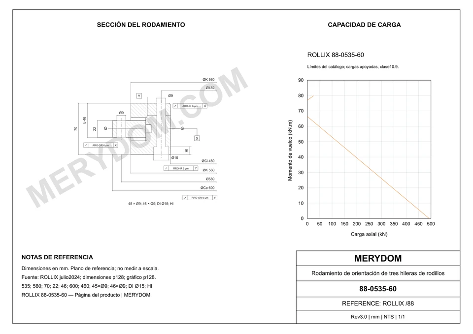 Plano CAD de la corona de giro de sustitución MERYDOM para ROLLIX 88-0535-60, con dimensiones y orificios de montaje.