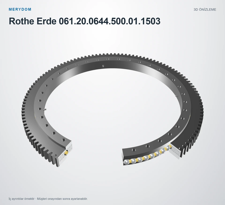 Rothe Erde 061.20.0644.500.01.1503 için MERYDOM muadil döner tabla rulmanının 3D model önizlemesi.