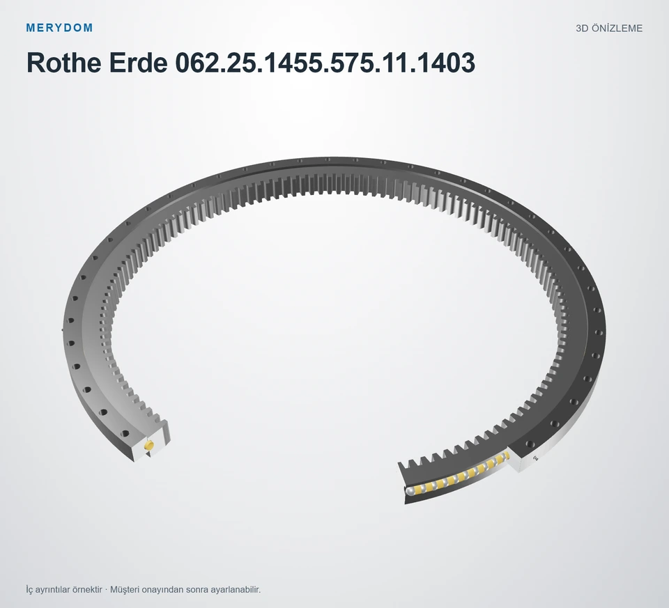Rothe Erde 062.25.1455.575.11.1403 için MERYDOM muadil döner tabla rulmanının 3D model önizlemesi.