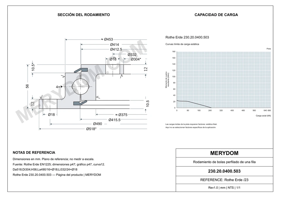 Plano CAD de la corona de giro de sustitución MERYDOM para Rothe Erde 230.20.0400.503, con dimensiones y orificios de montaje.