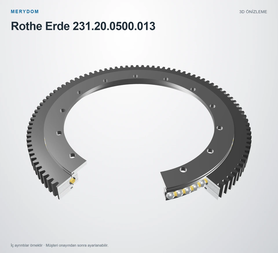 Rothe Erde 231.20.0500.013 için MERYDOM muadil döner tabla rulmanının 3D model önizlemesi.