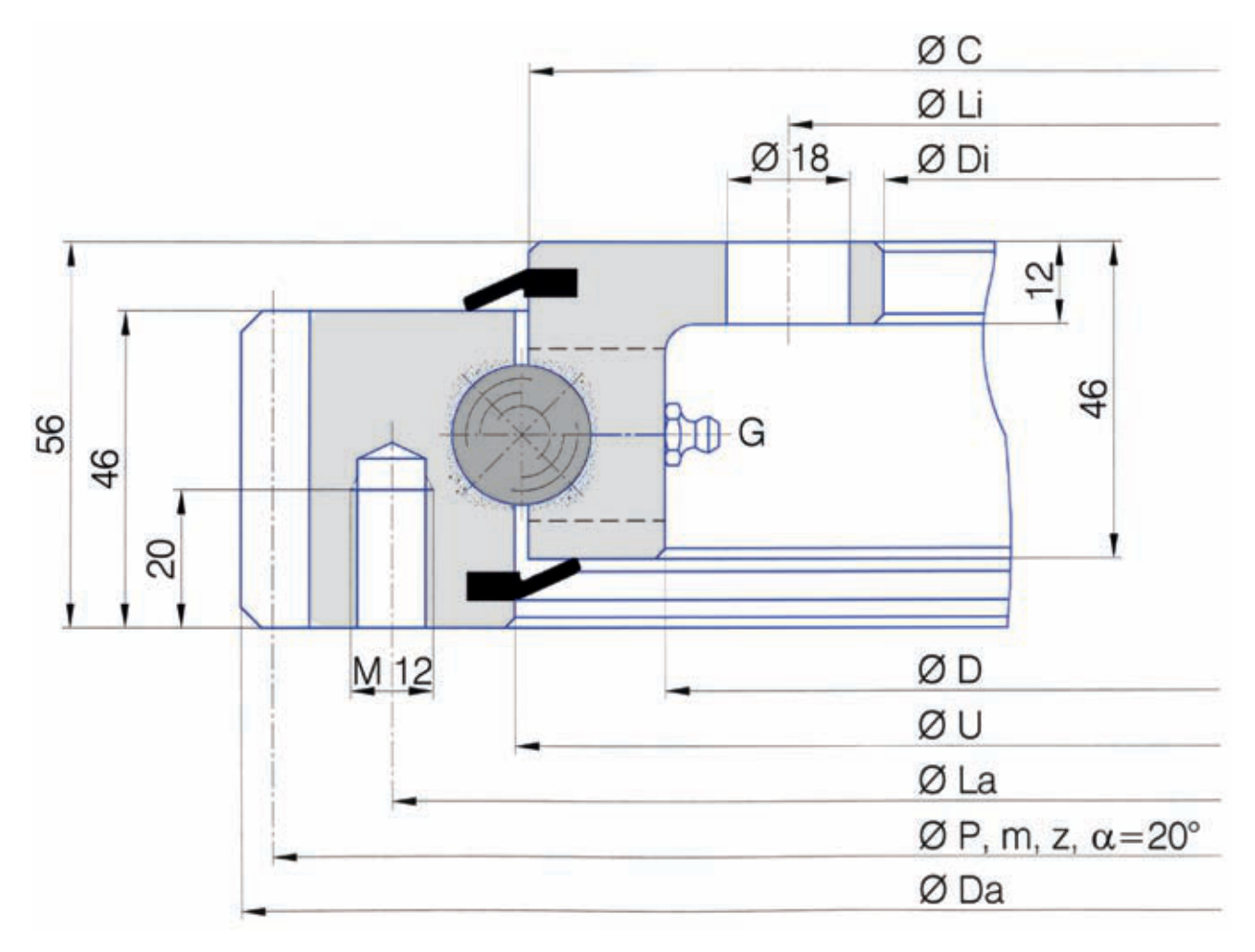 Torriani Gianni E.505.20.00.C slewing bearing replacement dimensional drawing