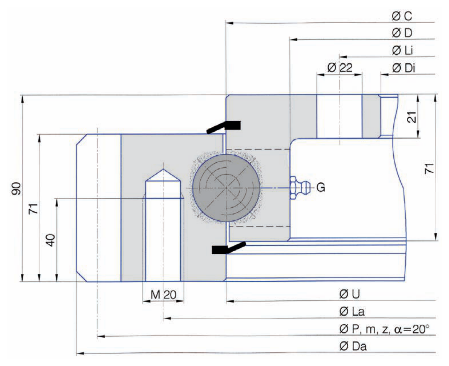 Torriani Gianni E.1600.32.00.C slewing bearing replacement dimensional drawing