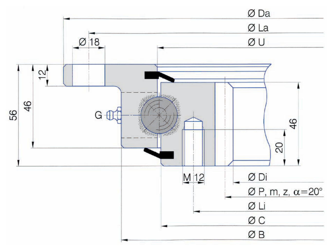 Torriani Gianni I.1050.20.00.C slewing bearing replacement dimensional drawing