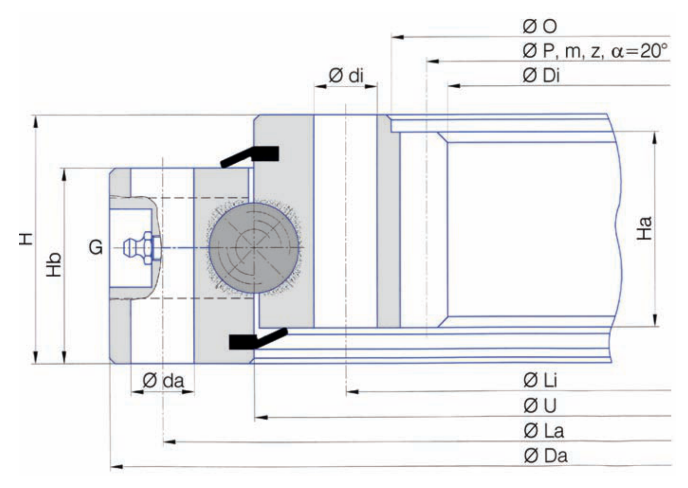 Torriani Gianni I.980.25.00.D.3 slewing bearing replacement dimensional drawing